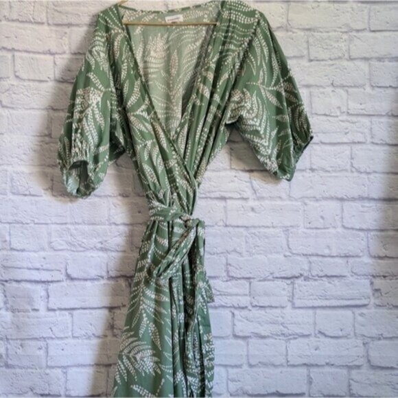 Summersalt The Coastal Poplin Puff Sleeve Wrap Midi Dress 2XL Green White Preppy - Picture 3 of 7